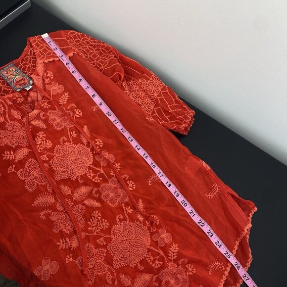 Johnny Was Women's Jolie Selena Tie Neck Tunic Top Size XXS Red Embroidered - Picture 6 of 7